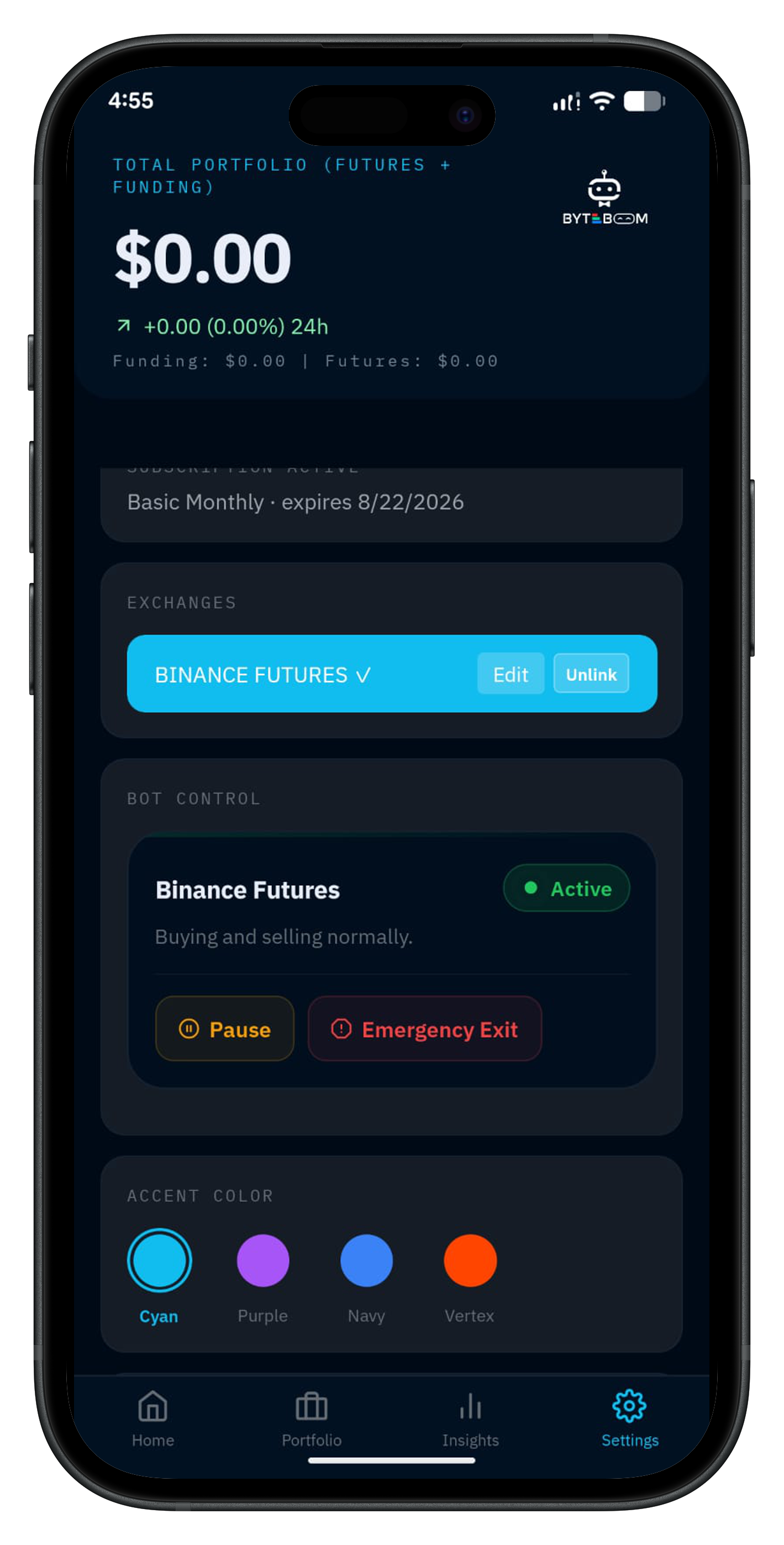 ByteBoom app — trading engine controls, exchange link and unlink